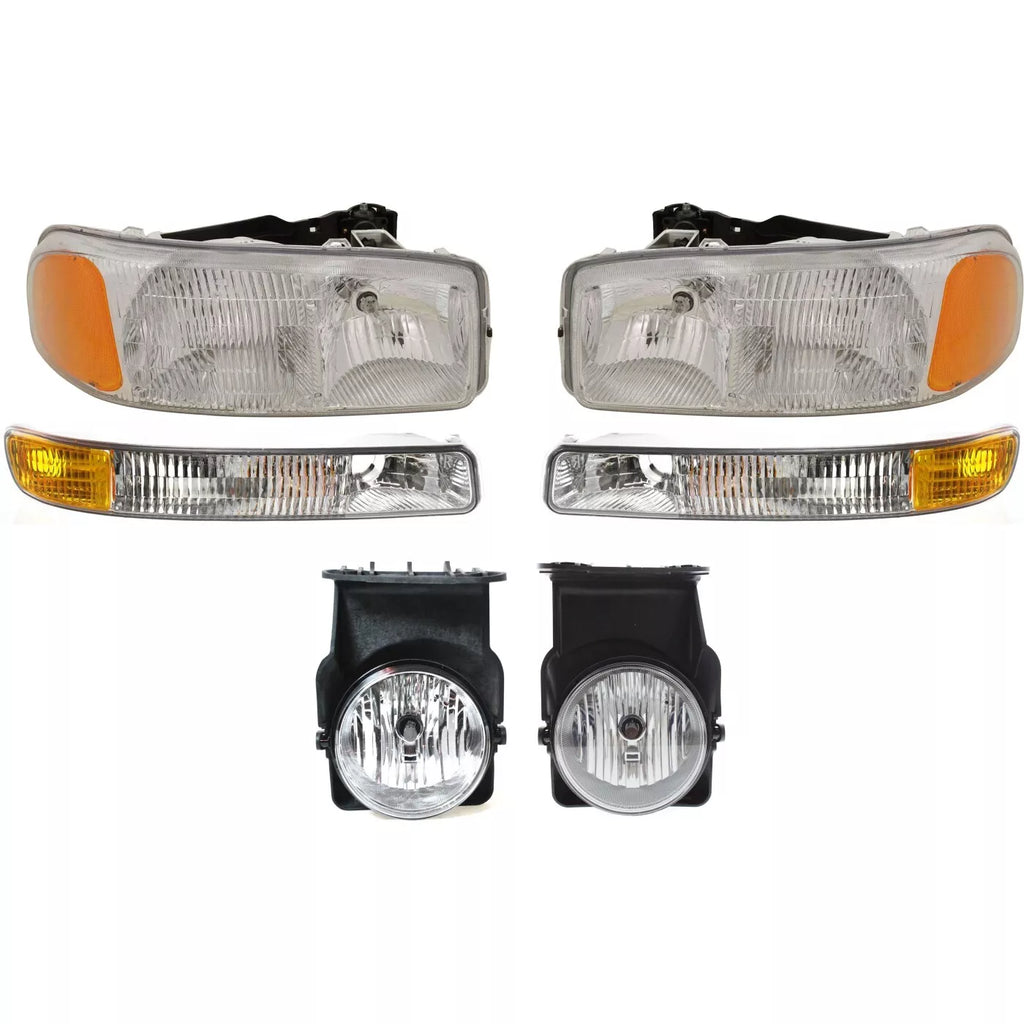 Front Bumper Primed & Headlight Kit For 2003-2007 GMC Sierra 1500 2500 HD & 3500