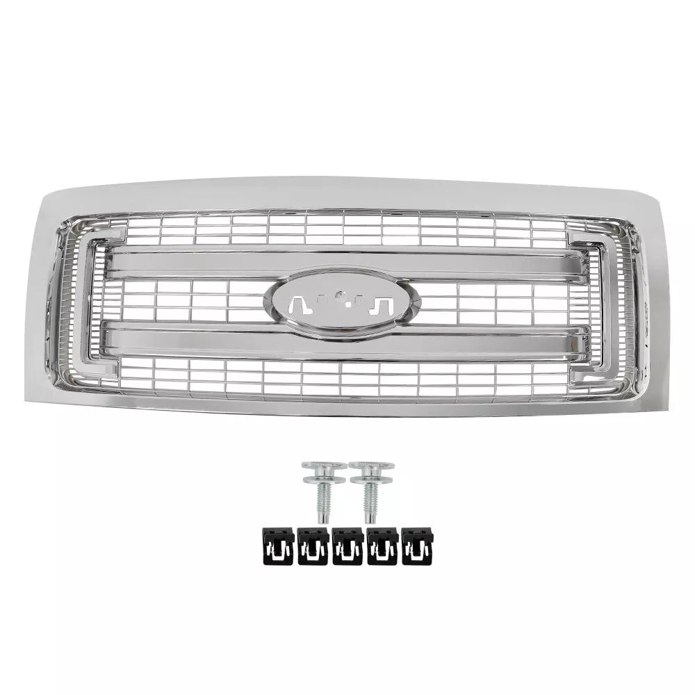 Kit Replacement for 2009–2014 Ford F-150, – 9-Piece Kit Front Bumper Chrome Steel & Grille Assembly Chrome, OEM Fit, Includes Grille, Bumper Cover, Face Bar, License Bracket, Bumper Trims, Valance & Fog Lights Kit