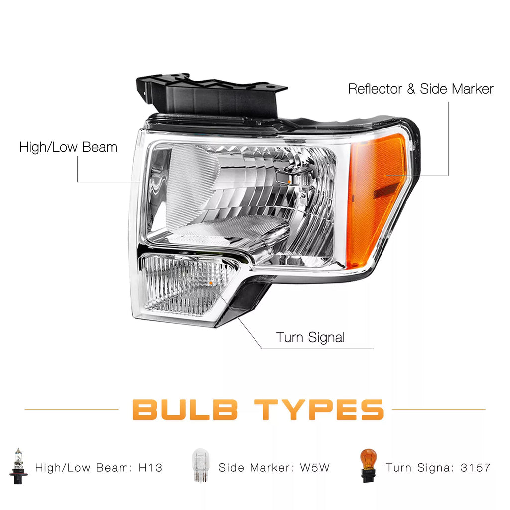 Front Headlight W/ Bulbs Chrome For 2009-2014 Ford F-150