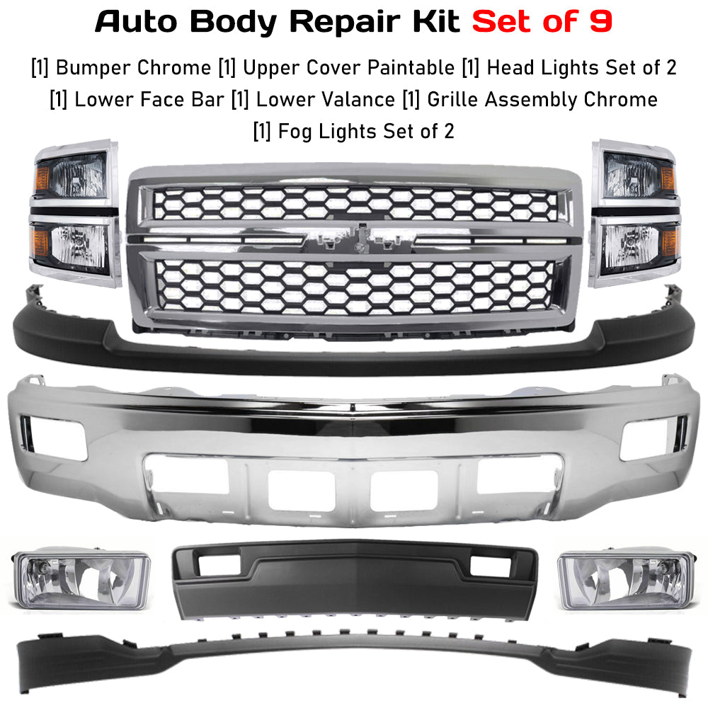 2014-2015 Chevrolet Silverado 1500 Front Bumper Chrome & Headlight Kit | OEM Fit