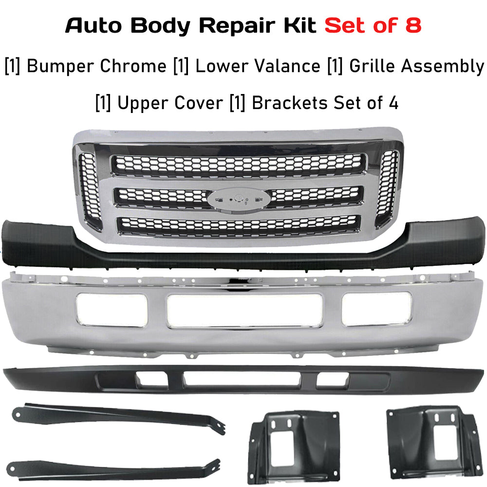 Kit Replacement 2005–2007 Ford F-250/F-350 Super Duty – 8-Piece Kit Front Bumper Chrome with Grille & Brackets, OEM Fit, Includes Bumper, Lower Valance, Grille Assembly, Upper Cover & Brackets (Set of 4)