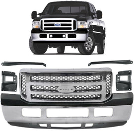 Replacement 2005–2007 Ford F-250/F-350 Super Duty – 8-Piece Kit Front Bumper Chrome with Grille & Brackets, OEM Fit, Includes Bumper, Lower Valance, Grille Assembly, Upper Cover & Brackets (Set of 4)